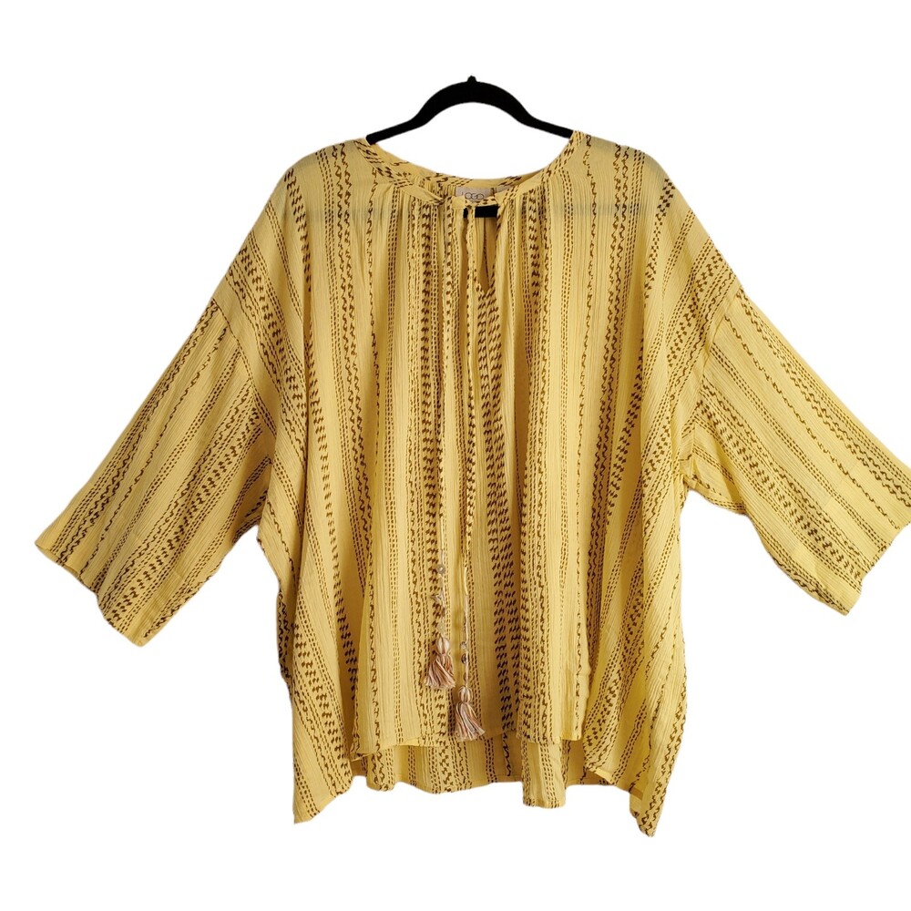 LOGO Sz L Cotton Peasant Blouse Butter Yellow Brown Stripes Tie Shell Tunic